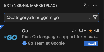 VSCode Go debugging plugin selected